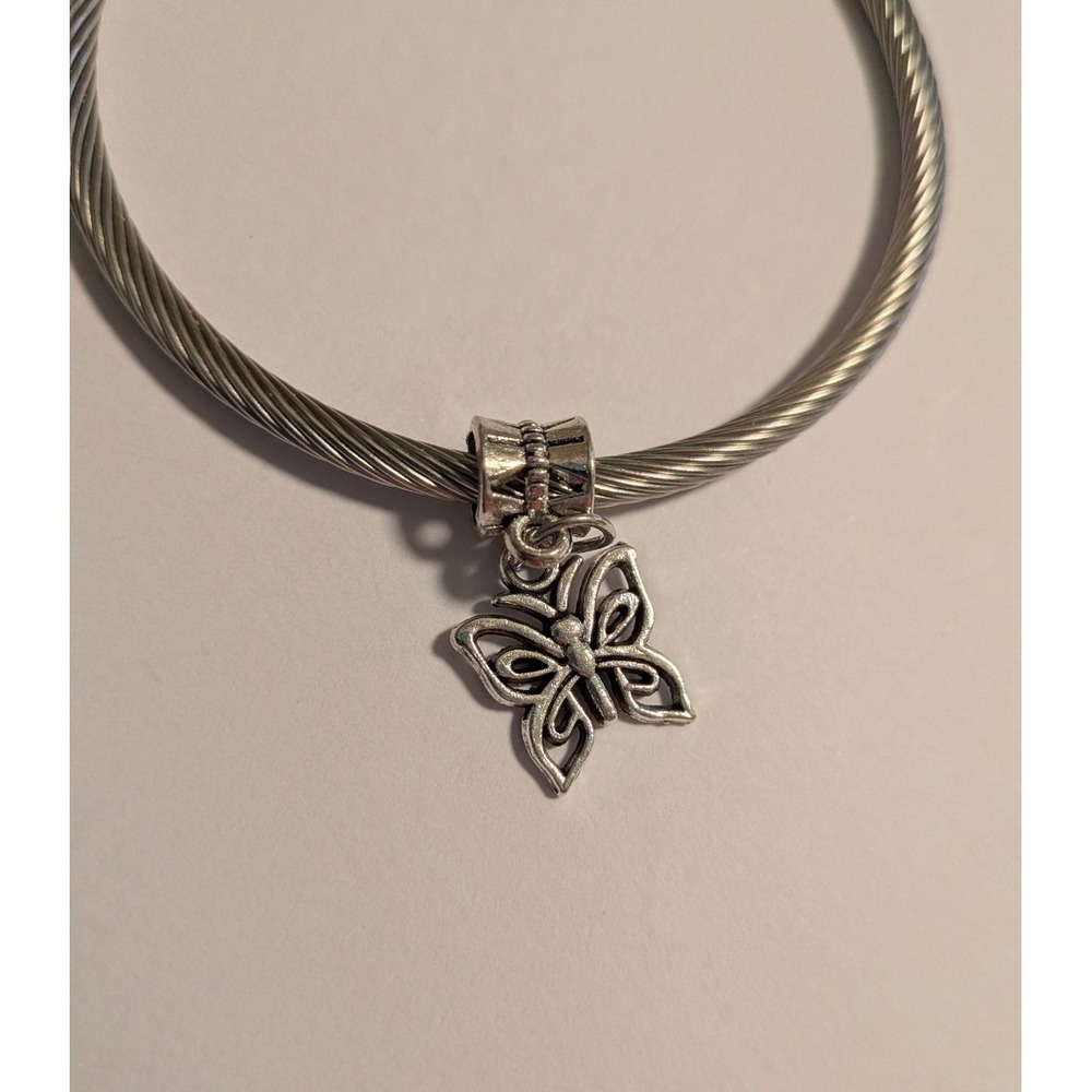 Silver Butterfly Charm Twisted Cable Wire Bangle Bracelet Women Jewelry
